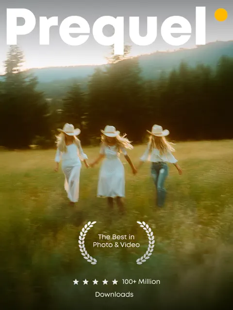 Prequel App Store visual with cinematic field photo and yellow brand dot