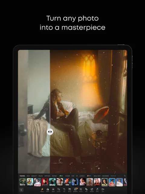 Prequel before and after photo editor screen with filter controls